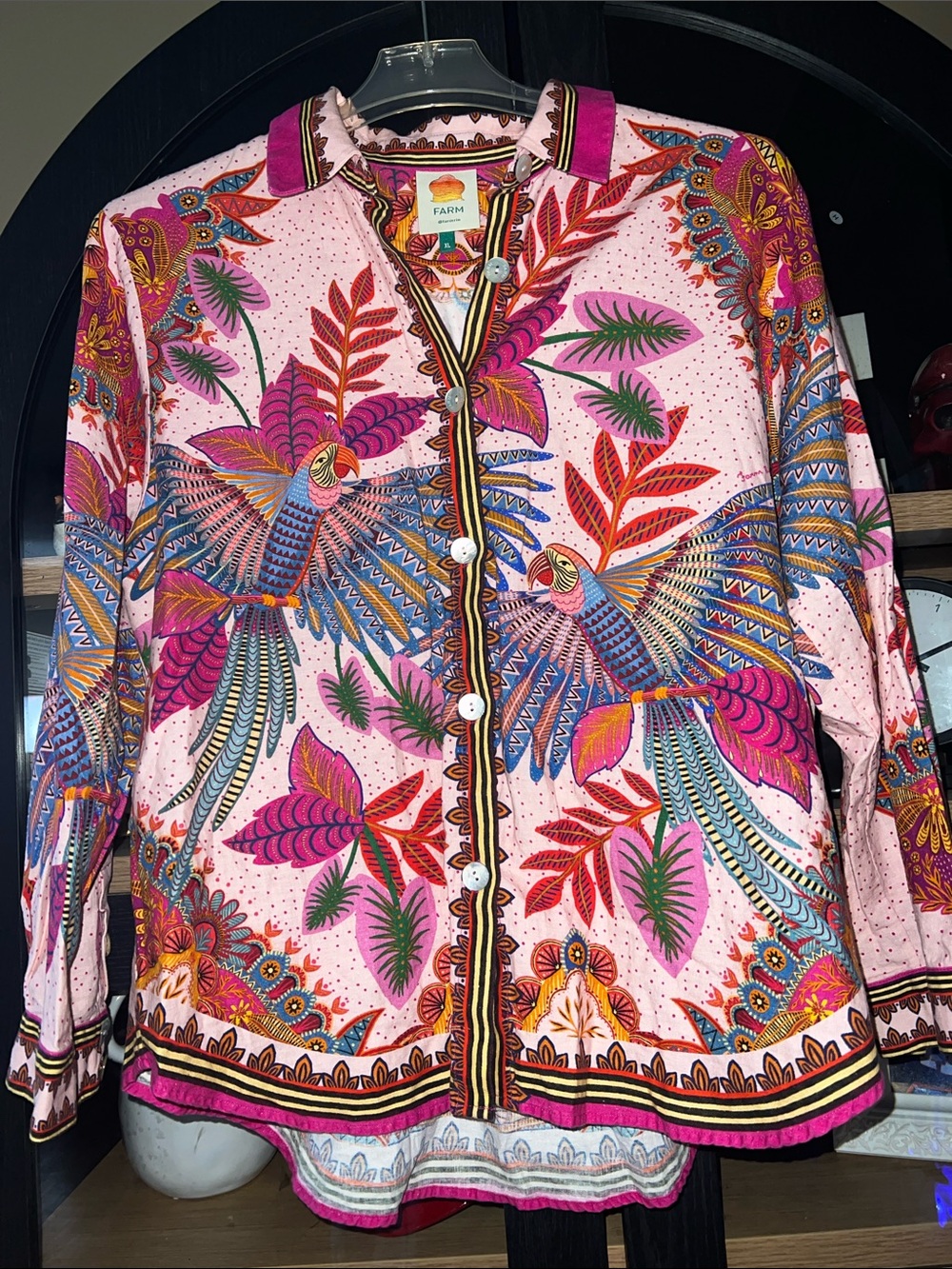 Farm Rio Anthropologie Colorful Tropical Bird Print Button-Up Blouse - NWOT - XL - Picture 10 of 17